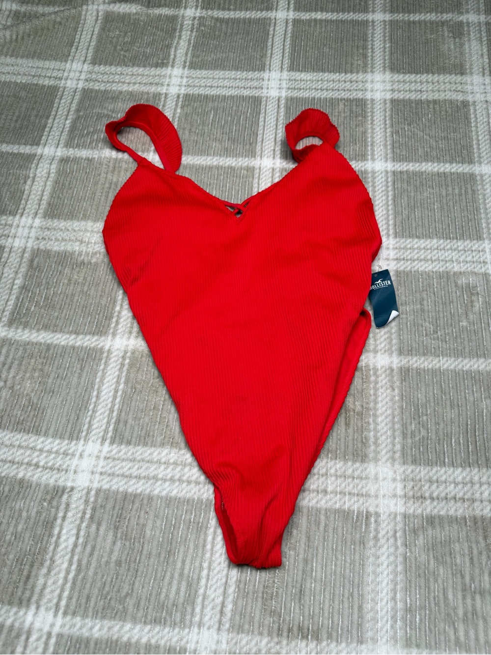 Hollister Bright Red Ribbed V-Neck One-Piece Swimsuit